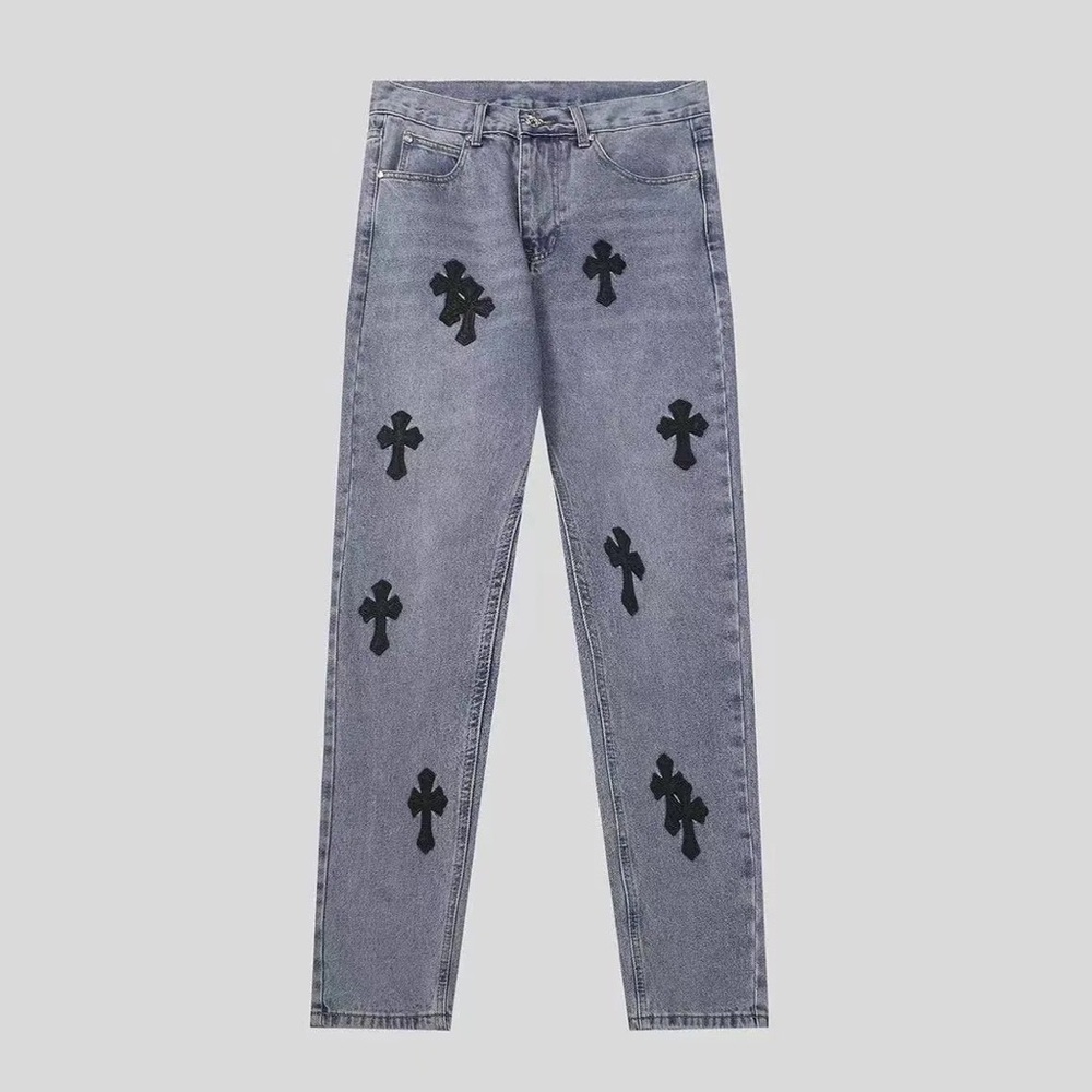 Gray and Black Straight-Leg Jeans with Cross Pattern, Unisex